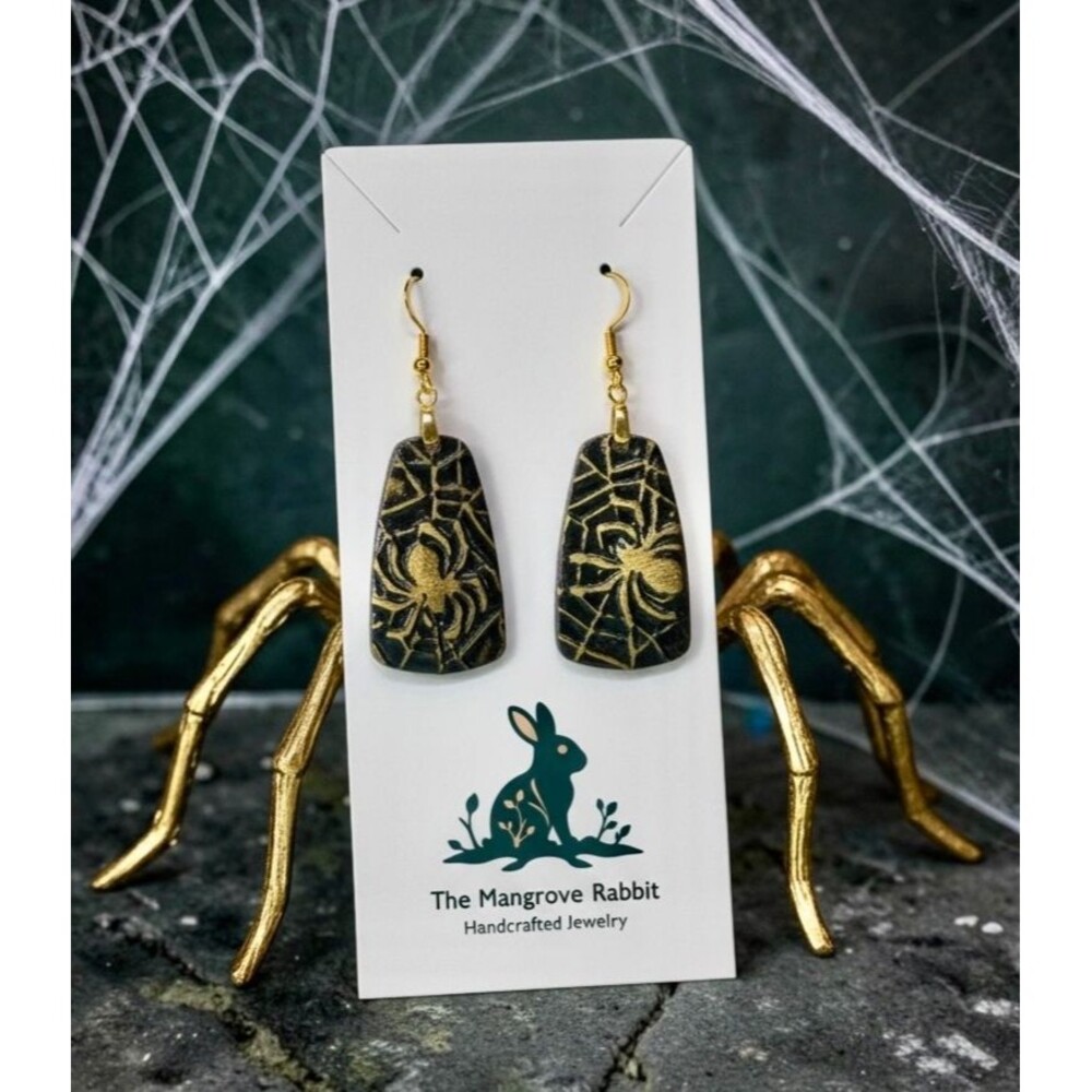 Vintage Look Gold & Black Spider Web Handmade Polymer Clay Dangle Earrings SS
